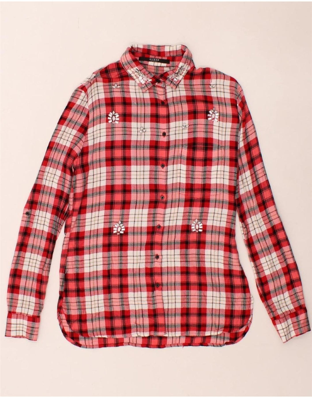 GUESS Womens Flannel Shirt UK 4 XS Red Check Viscose Vintage Guess and Second-Hand Guess from Messina Hembry 