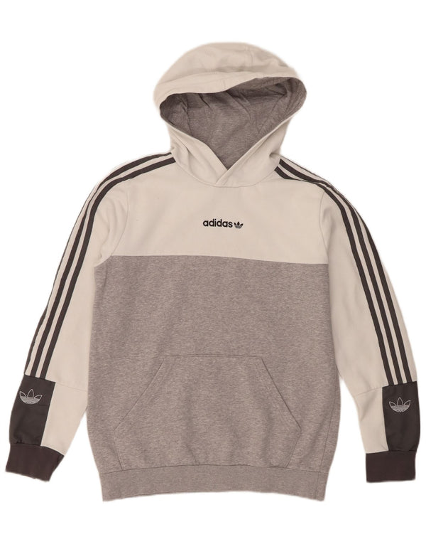 Adidas Boys Hoodie Jumper 13-14 Years Grey Colourblock Cotton