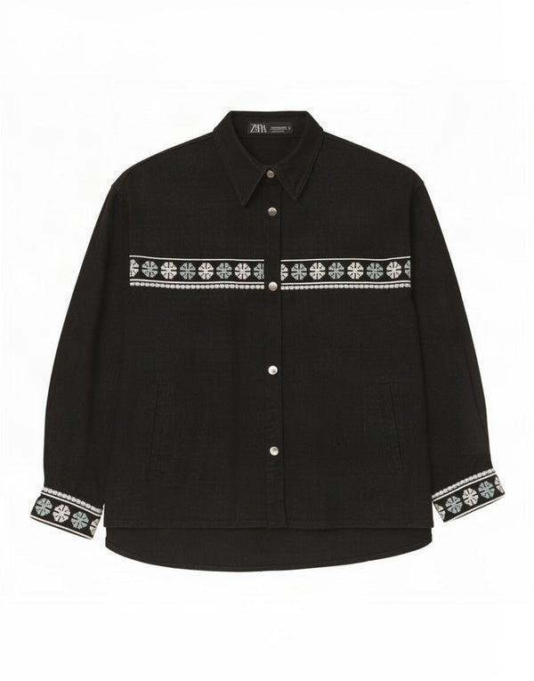 Zara Womens Oversized Shirt UK 14 Medium Black Geometric Cotton