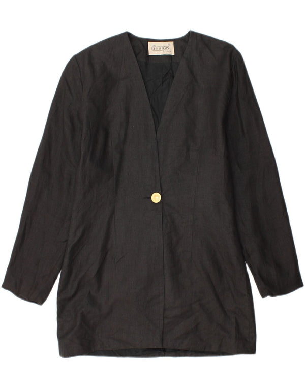 Vintage Womens Longline 1 Button Blazer Jacket UK 14 Medium Black Linen