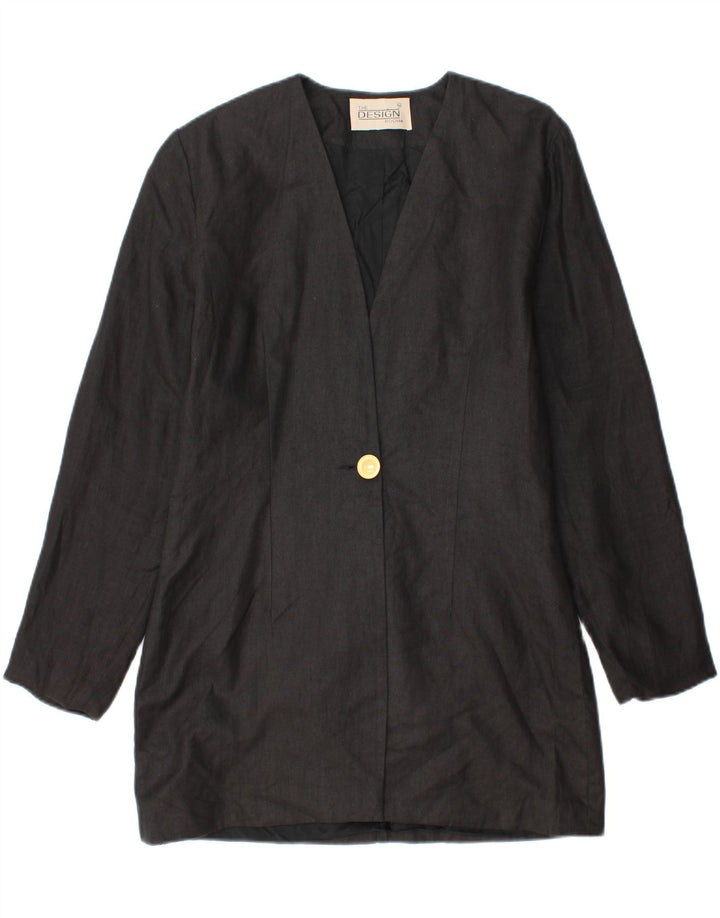 Vintage Womens Longline 1 Button Blazer Jacket UK 14 Medium Black Linen