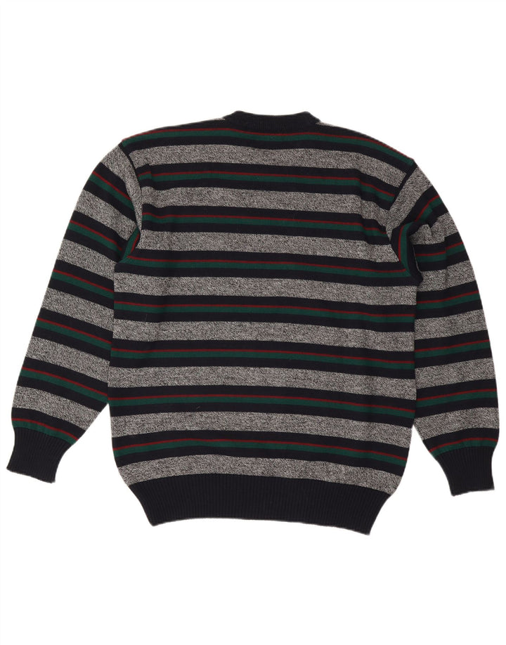 Vintage Mens Crew Neck Jumper Sweater XL Grey Striped Wool