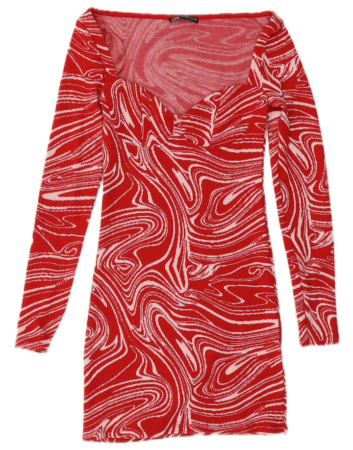 Zara Womens Abstract Pattern Long Sleeve Bodycon Dress UK 8 Small Red