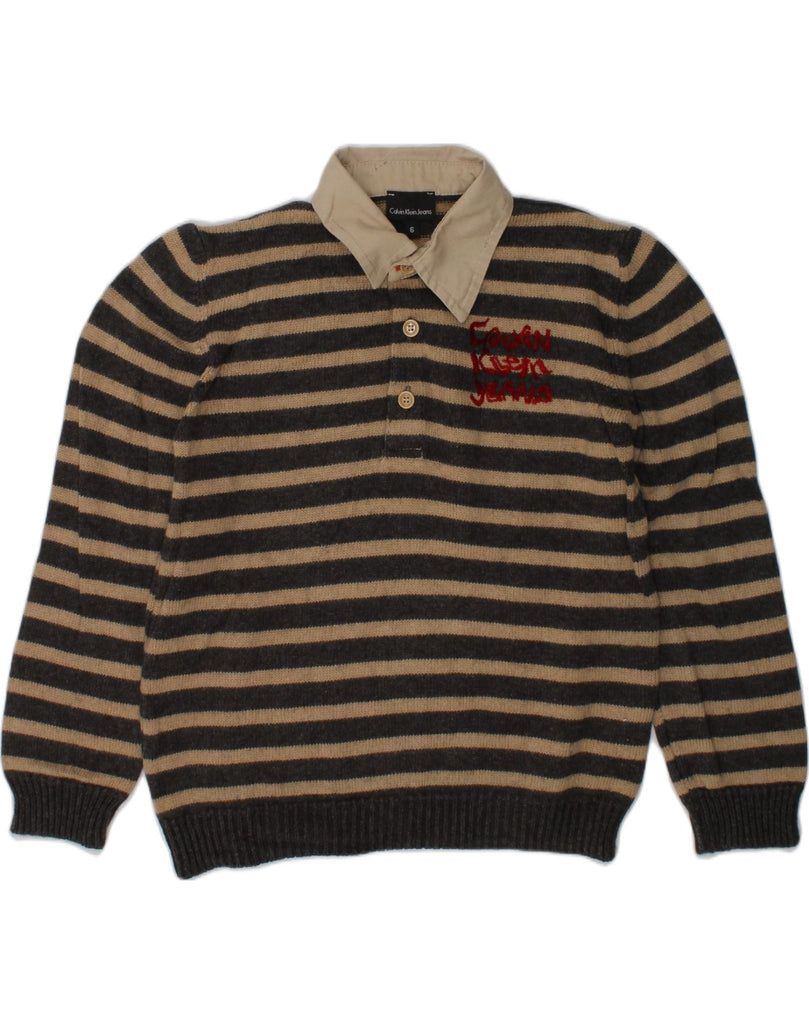 CALVIN KLEIN Boys Polo Neck Jumper Sweater 5-6 Years Black Striped Acrylic | Vintage Calvin Klein | Thrift | Second-Hand Calvin Klein | Used Clothing | Messina Hembry 