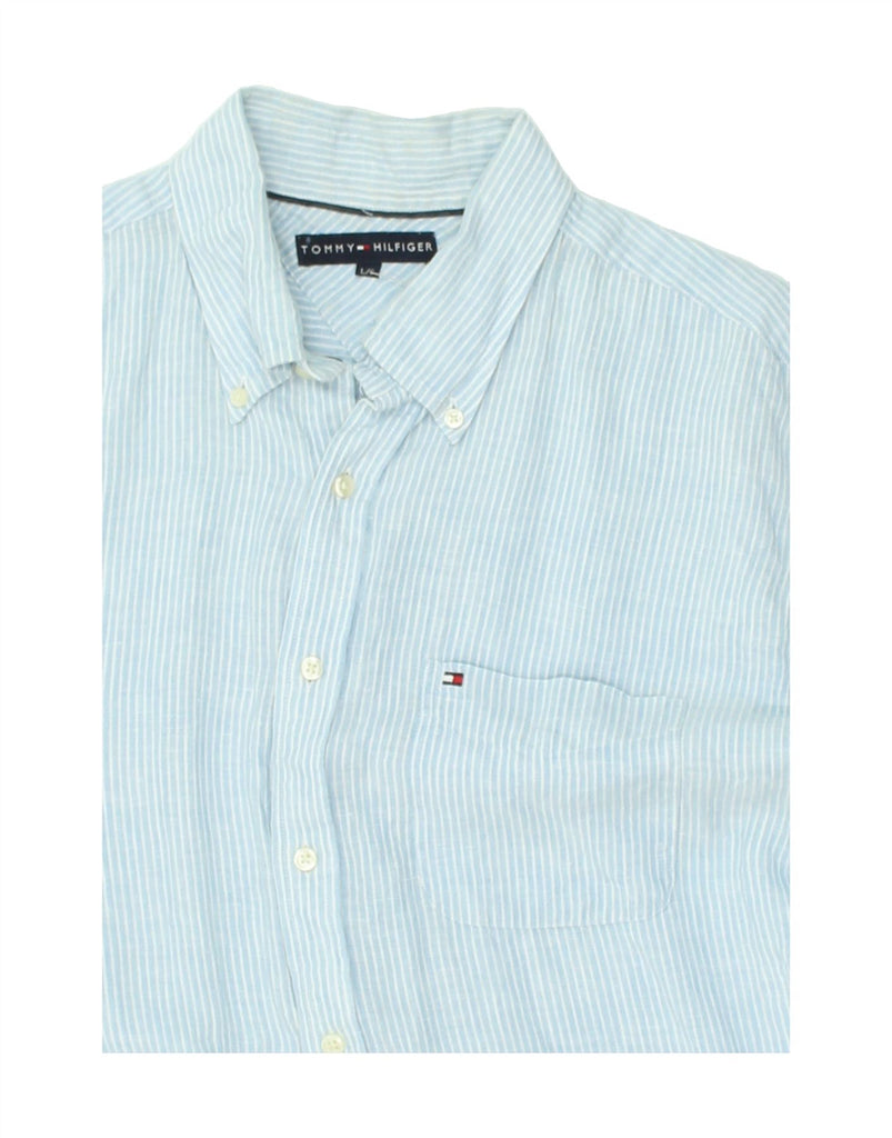 TOMMY HILFIGER Mens Shirt Large Blue Pinstripe Linen | Vintage Tommy Hilfiger | Thrift | Second-Hand Tommy Hilfiger | Used Clothing | Messina Hembry 