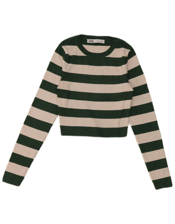 Zara Womens Crop Top Long Sleeve UK 8 Small Green Striped Viscose