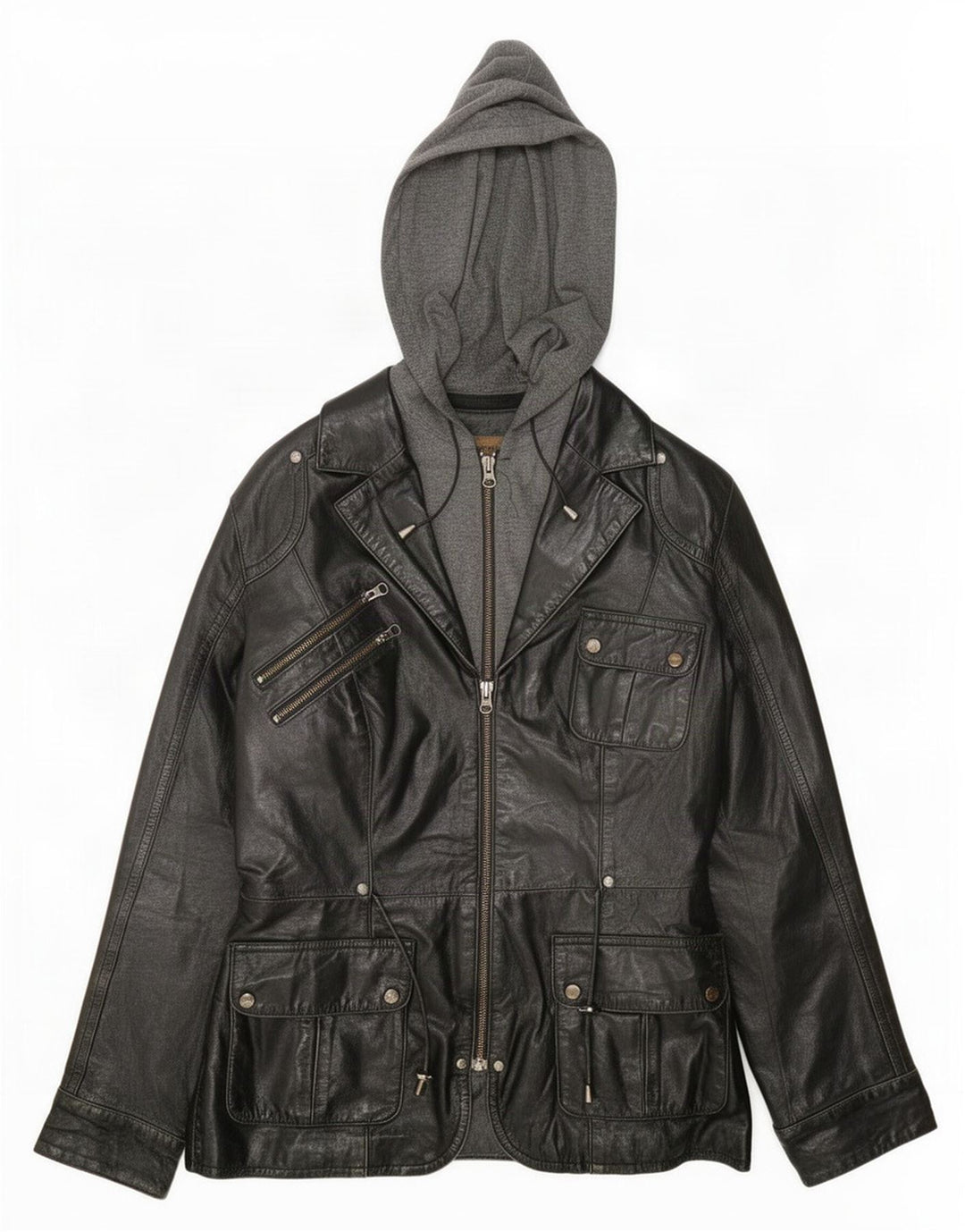Conbipel Womens Hooded Leather Utility Jacket IT 42 Medium Black