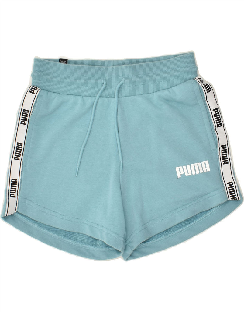 PUMA Womens Graphic Sport Shorts UK 4 XS Blue Cotton | Vintage Puma | Thrift | Second-Hand Puma | Used Clothing | Messina Hembry 