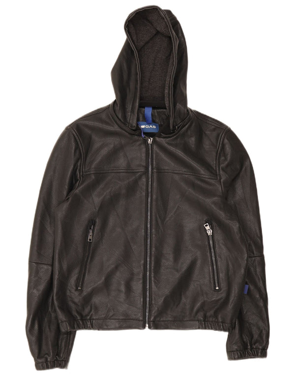 Gas Mens Leather Hooded Bomber Jacket UK 36 Small Black