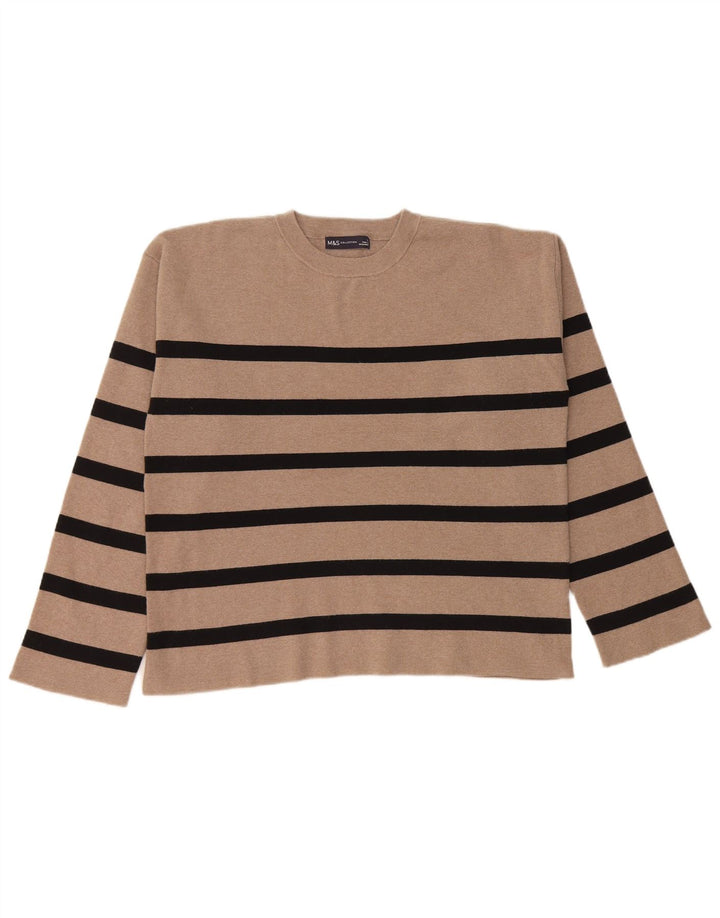 MARKS & SPENCER Womens Crew Neck Jumper Sweater UK 16 Large Beige Striped