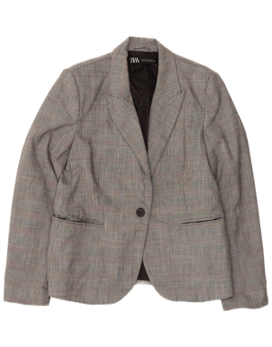 Zara Womens 1 Button Blazer Jacket EU 42 Large Grey Check Polyester