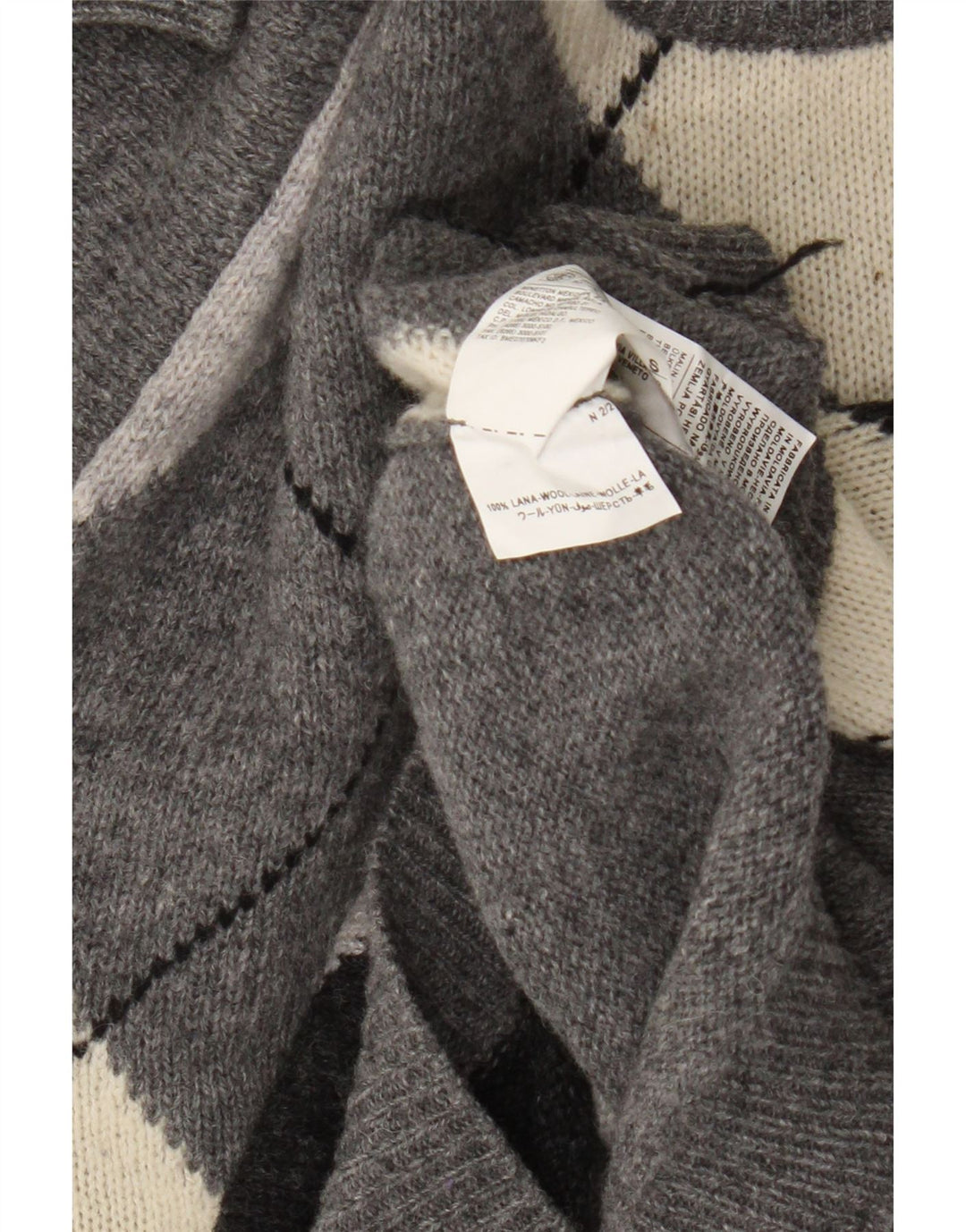 Benetton Womens Crew Neck Jumper Sweater UK 10 Small Grey Argyle/Diamond