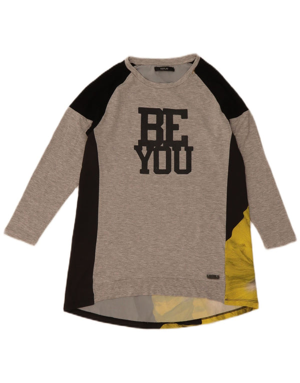 Replay Girls Graphic Top Long Sleeve 7-8 Years Grey Colourblock Viscose
