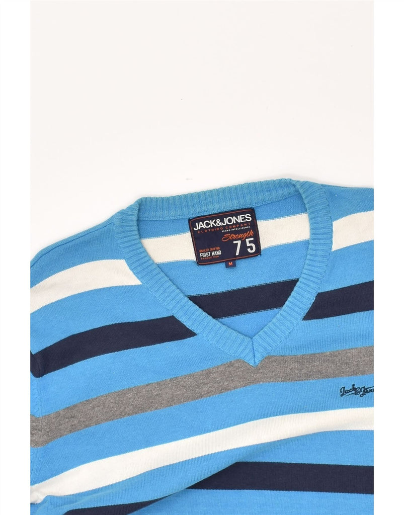 JACK & JONES Mens V-Neck Jumper Sweater Medium Blue Striped Cotton | Vintage Jack & Jones | Thrift | Second-Hand Jack & Jones | Used Clothing | Messina Hembry 