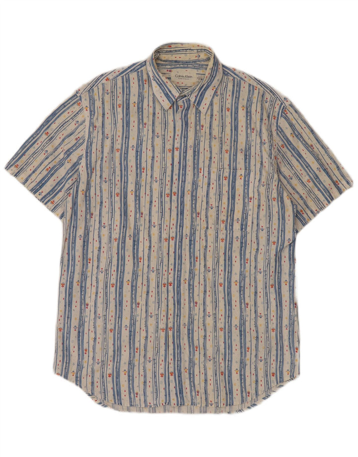 Calvin Klein Mens Short Sleeve Shirt Medium White Striped Cotton