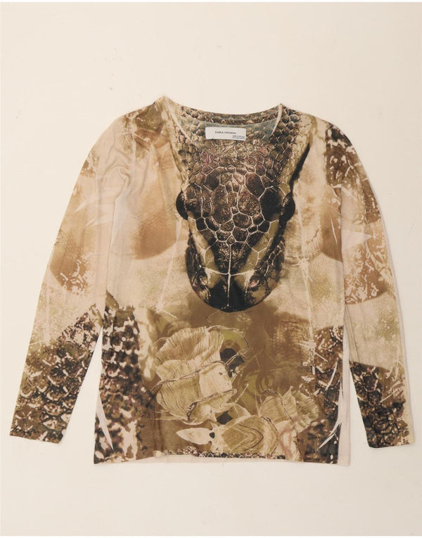 Zara Womens Graphic Top Long Sleeve UK 16 Large Beige Animal Print