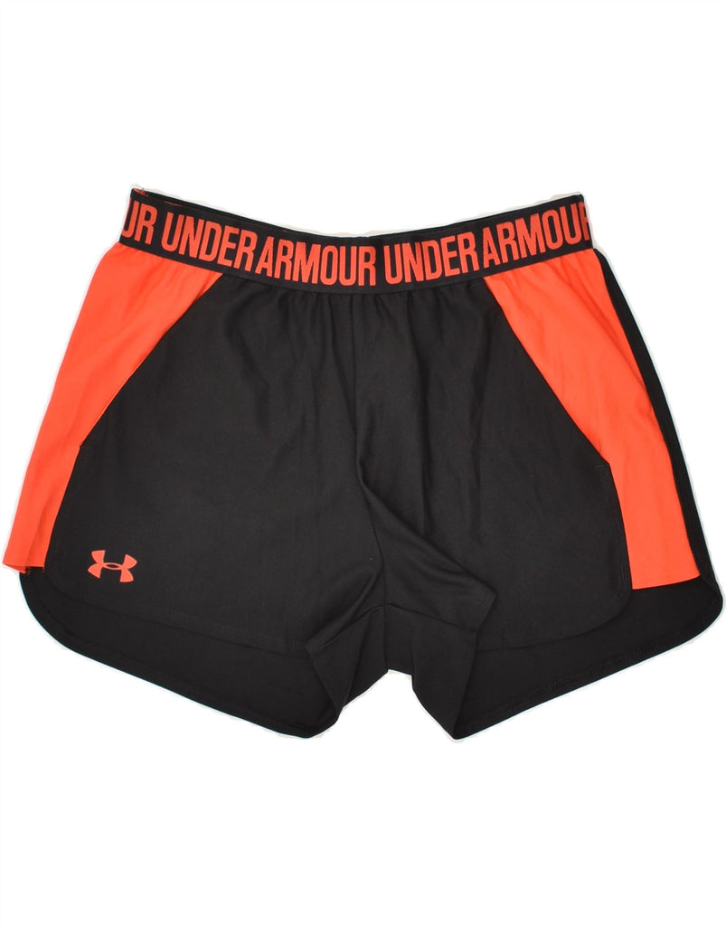 UNDER ARMOUR Womens Heat Gear Graphic Sport Shorts UK 10 Small Black | Vintage Under Armour | Thrift | Second-Hand Under Armour | Used Clothing | Messina Hembry 