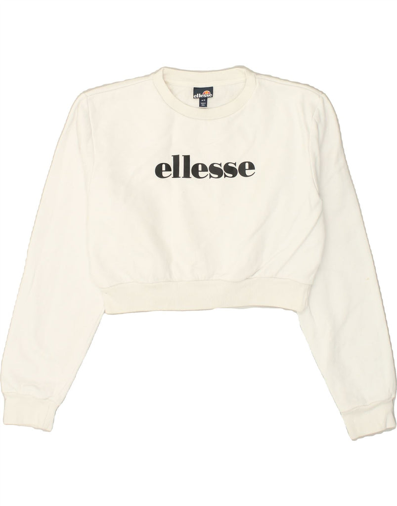 ELLESSE Womens Crop Oversized Sweatshirt Jumper UK 12 Medium  White Cotton | Vintage Ellesse | Thrift | Second-Hand Ellesse | Used Clothing | Messina Hembry 