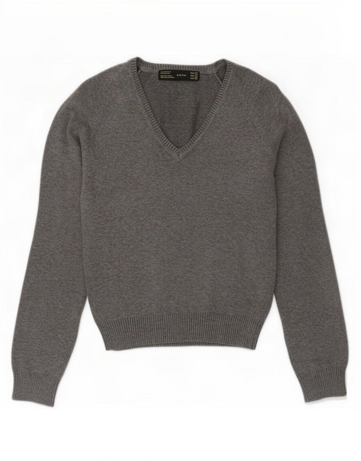 Zara Womens V-Neck Jumper Sweater Small Grey Cotton