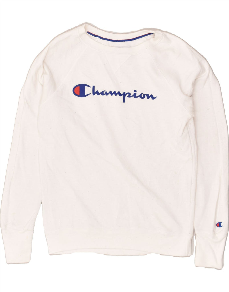 CHAMPION Mens Graphic Sweatshirt Jumper Small White Polyester | Vintage Champion | Thrift | Second-Hand Champion | Used Clothing | Messina Hembry 