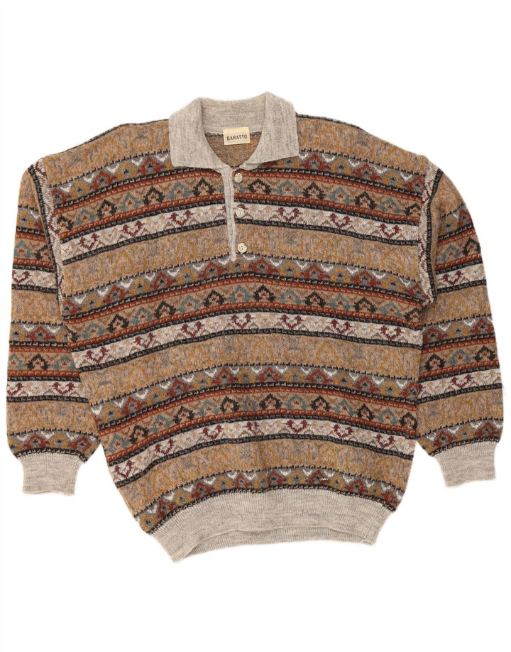 VINTAGE Mens Polo Neck Jumper Sweater IT 52 Large Brown Fair Isle Acrylic