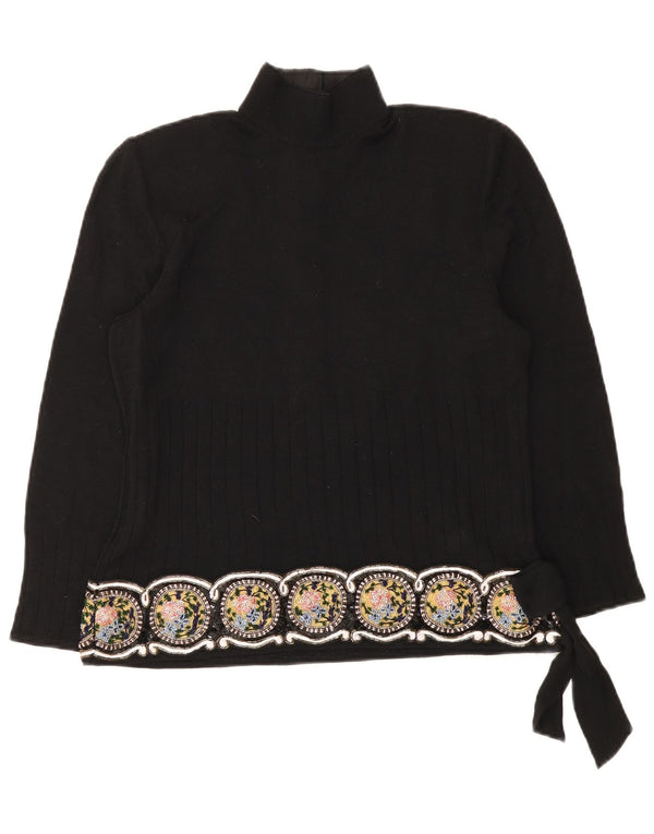 Giorgio Grati Womens Button Neck Jumper Sweater UK 12 Medium Black Floral