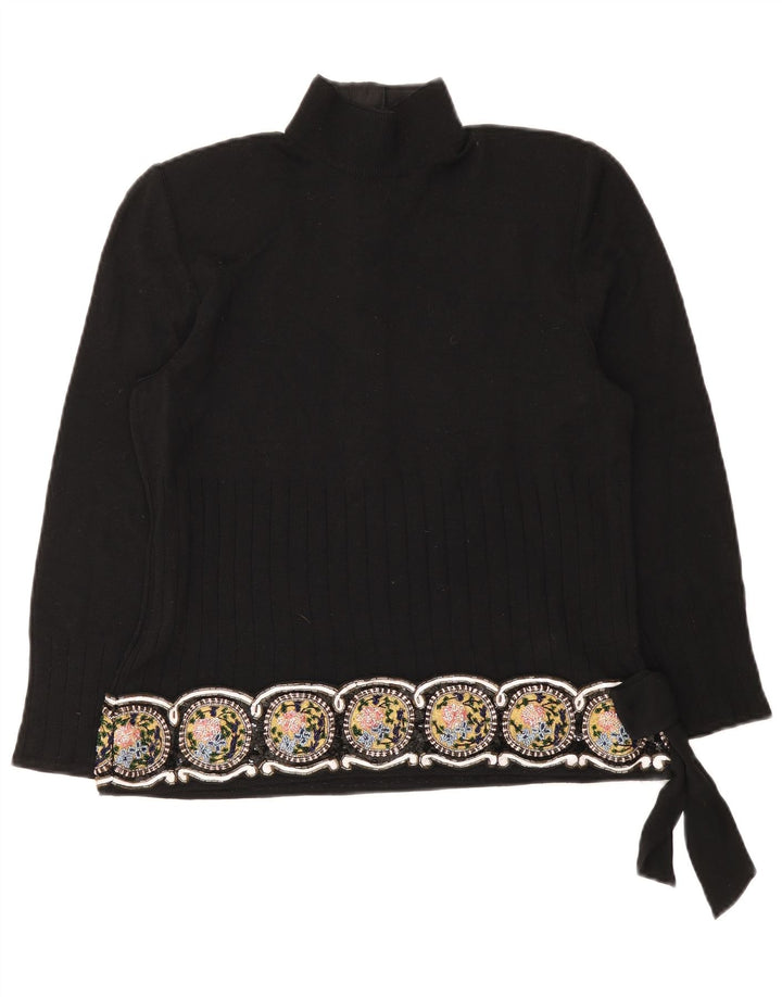 Giorgio Grati Womens Button Neck Jumper Sweater UK 12 Medium Black Floral