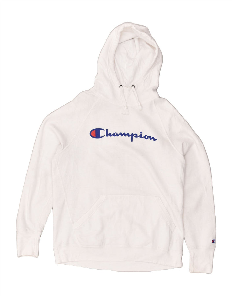 CHAMPION Womens Graphic Hoodie Jumper UK 16 Large White Cotton | Vintage Champion | Thrift | Second-Hand Champion | Used Clothing | Messina Hembry 