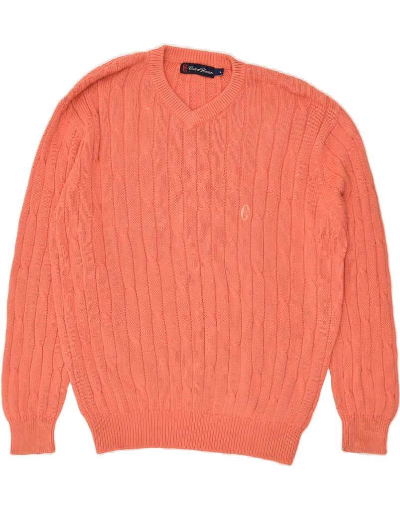 CONTE OF FLORENCE Mens V-Neck Jumper Sweater Large Orange Cotton | Vintage Conte of Florence | Thrift | Second-Hand Conte of Florence | Used Clothing | Messina Hembry 