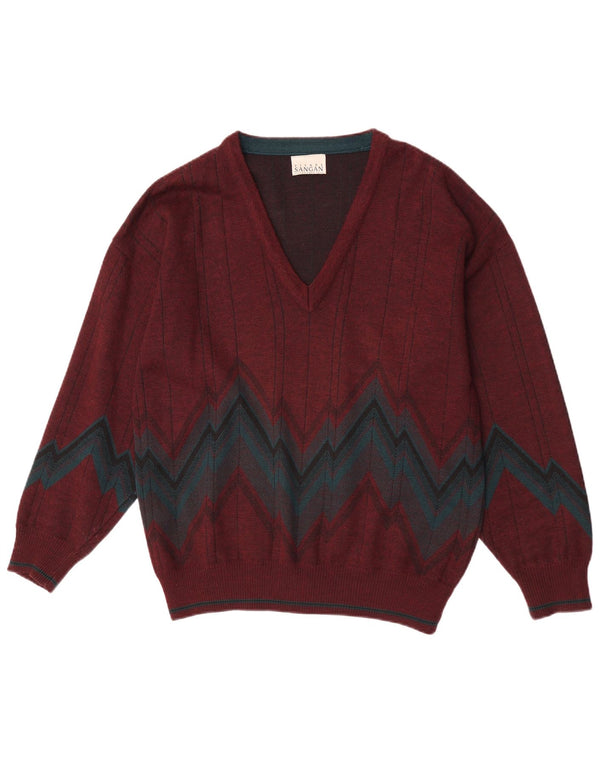 Pierre Sangan Mens V-Neck Jumper Sweater Large Burgundy Geometric