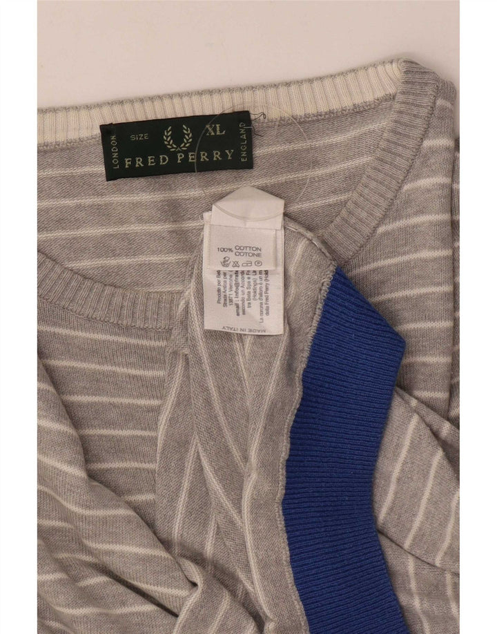 Fred Perry Mens Crew Neck Jumper Sweater XL Grey Striped Cotton