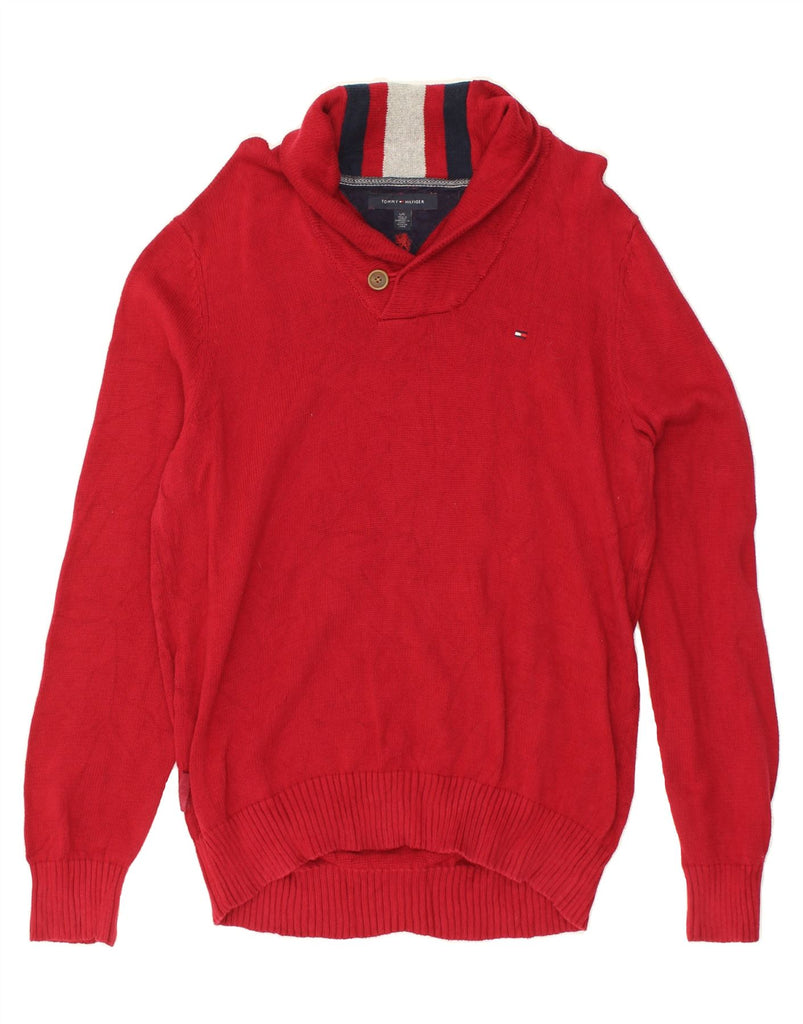 TOMMY HILFIGER Mens Shawl Neck Jumper Sweater Large Red Cotton | Vintage Tommy Hilfiger | Thrift | Second-Hand Tommy Hilfiger | Used Clothing | Messina Hembry 