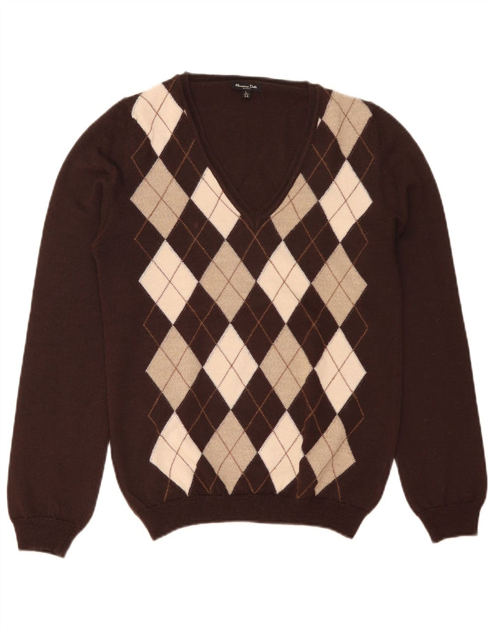 Massimo Dutti Womens V-Neck Jumper Sweater UK 14 Large Brown Argyle/Diamond