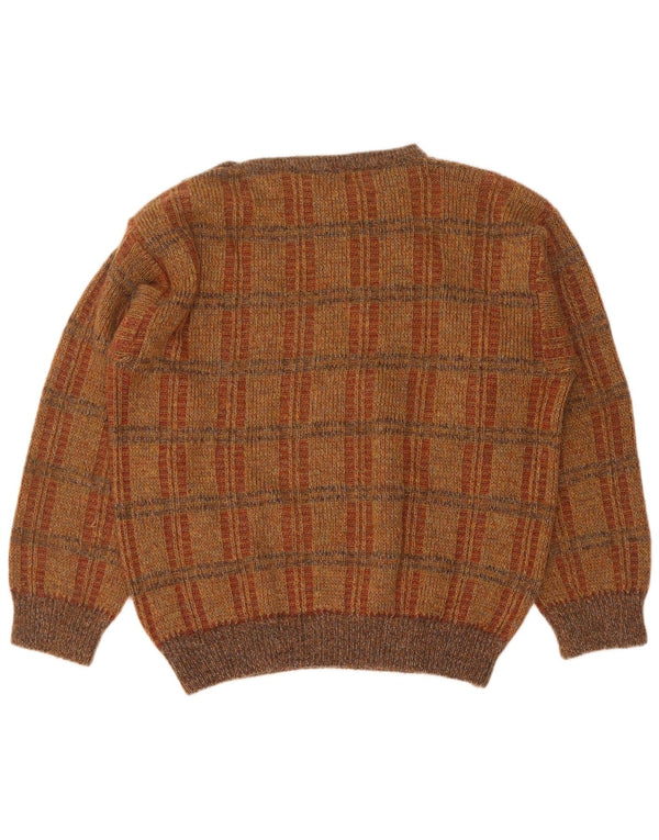 Vintage Mens Boat Neck Jumper Sweater Large Brown Check Acrylic