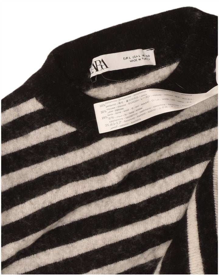 Zara Womens Crew Neck Jumper Sweater UK 14 Large Black Striped Polyamide