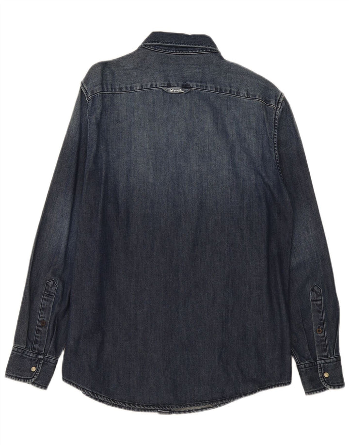 Benetton Mens Denim Shirt Medium Navy Blue Cotton