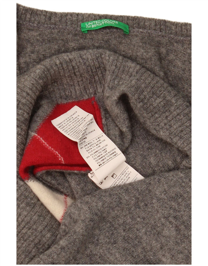 Benetton Womens V-Neck Jumper Sweater UK 14 Large Grey Argyle/Diamond Wool