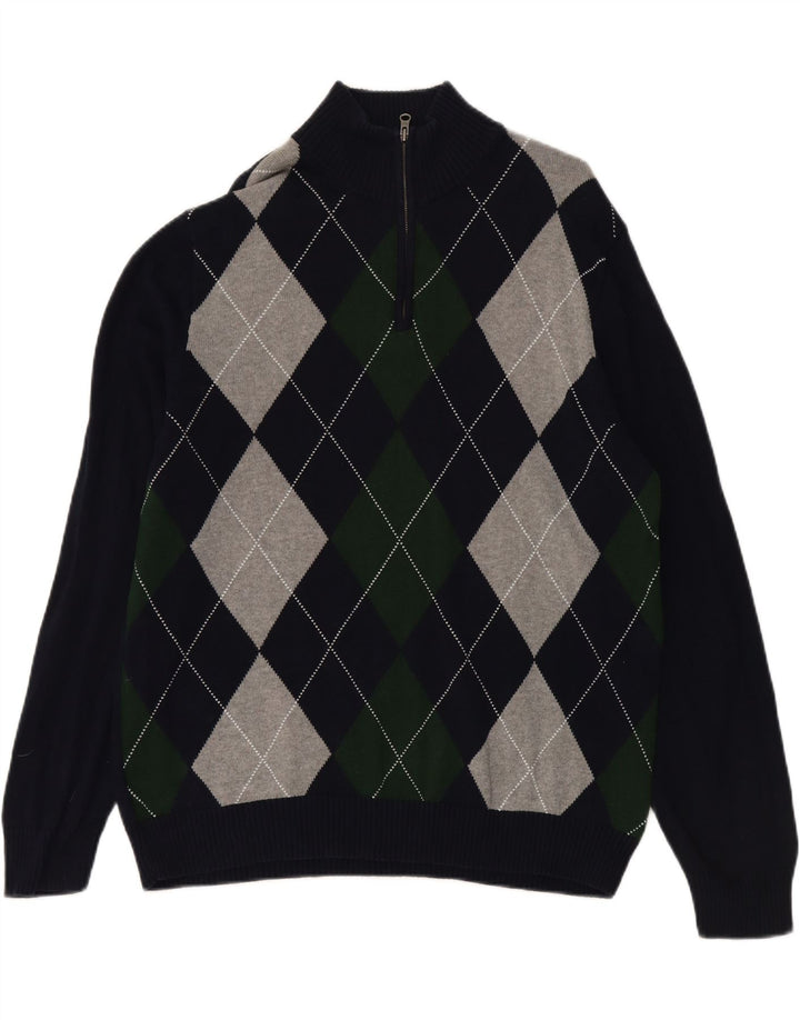 J. CREW Mens Zip Neck Jumper Sweater Large Navy Blue Argyle/Diamond Cotton Vintage J. Crew and Second-Hand J. Crew from Messina Hembry 