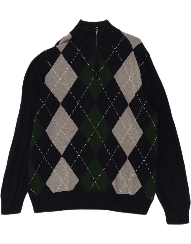 J. CREW Mens Zip Neck Jumper Sweater Large Navy Blue Argyle/Diamond Cotton Vintage J. Crew and Second-Hand J. Crew from Messina Hembry 