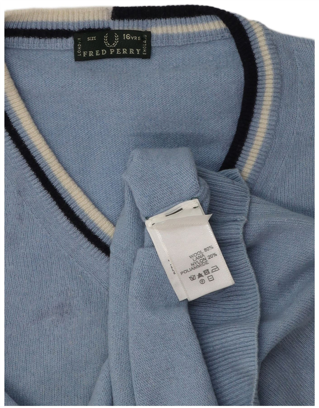 Fred Perry Boys V-Neck Jumper Sweater 15-16 Years Blue Wool