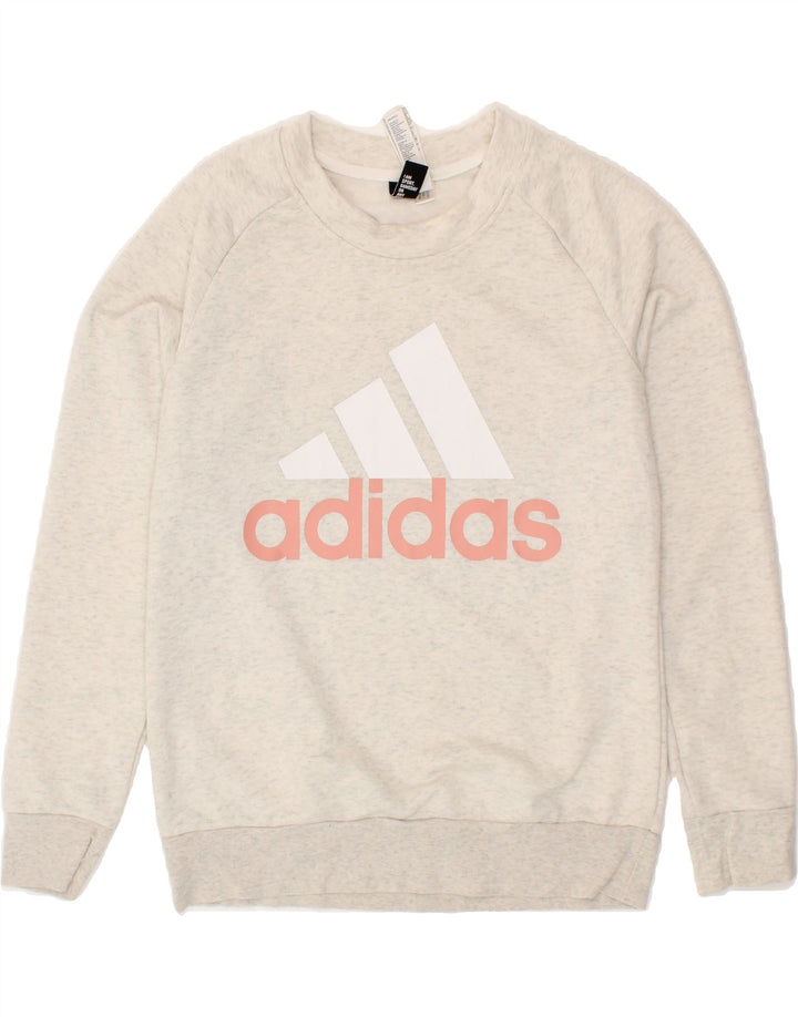 ADIDAS Womens Graphic Sweatshirt Jumper UK 12/14 Medium Grey Flecked Vintage Adidas and Second-Hand Adidas from Messina Hembry 