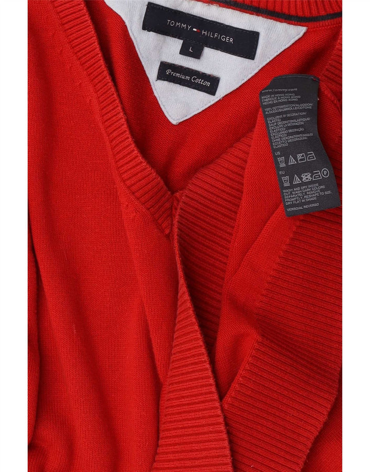 Tommy Hilfiger Mens V-Neck Jumper Sweater Large Red Cotton