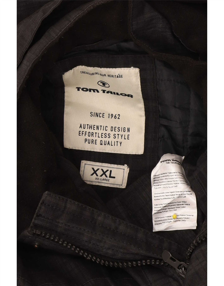 Tom Tailor Mens Hooded Utility Jacket UK 44 2XL Black Check Cotton