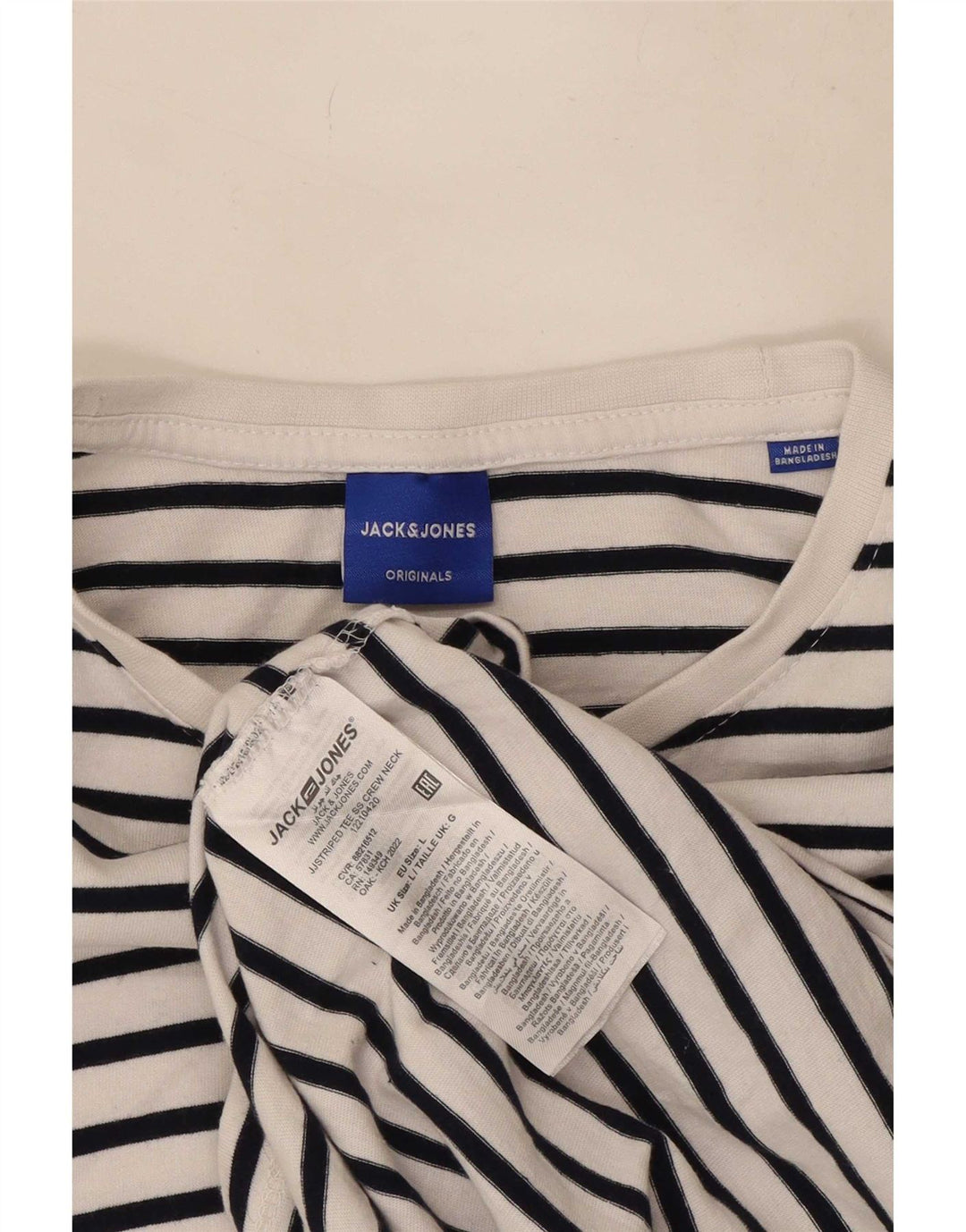 Jack & Jones Mens T-Shirt Top Large White Striped Cotton