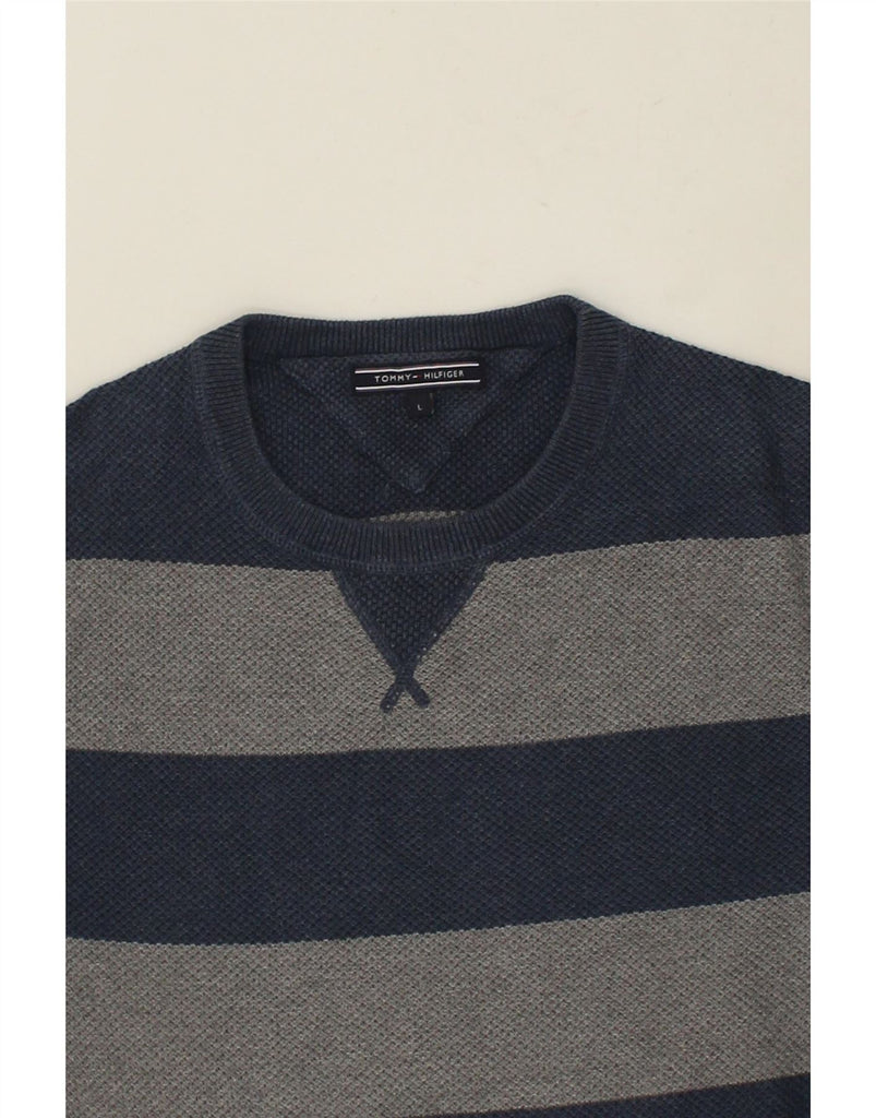 TOMMY HILFIGER Mens Crew Neck Jumper Sweater Large Navy Blue Striped Vintage Tommy Hilfiger and Second-Hand Tommy Hilfiger from Messina Hembry 