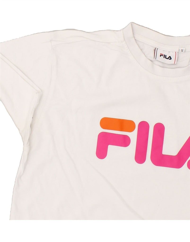 FILA Womens Crop Graphic T-Shirt Top UK 10 Small White Cotton | Vintage Fila | Thrift | Second-Hand Fila | Used Clothing | Messina Hembry 