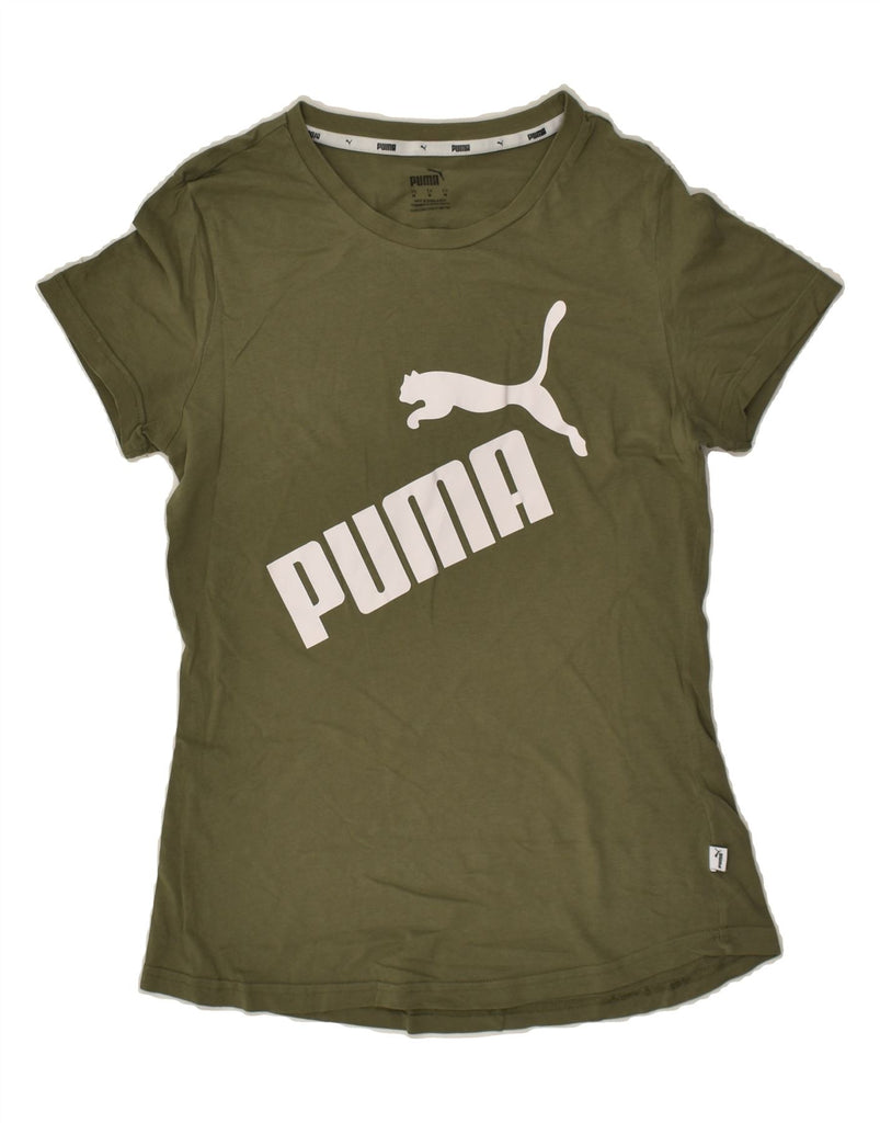 PUMA Womens Graphic T-Shirt Top UK 12 Medium Khaki Cotton | Vintage Puma | Thrift | Second-Hand Puma | Used Clothing | Messina Hembry 