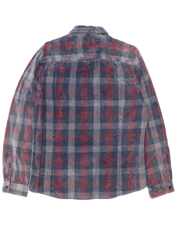Guess Mens Corduroy Slim Fit Shirt UK 42 Large Blue Check Cotton