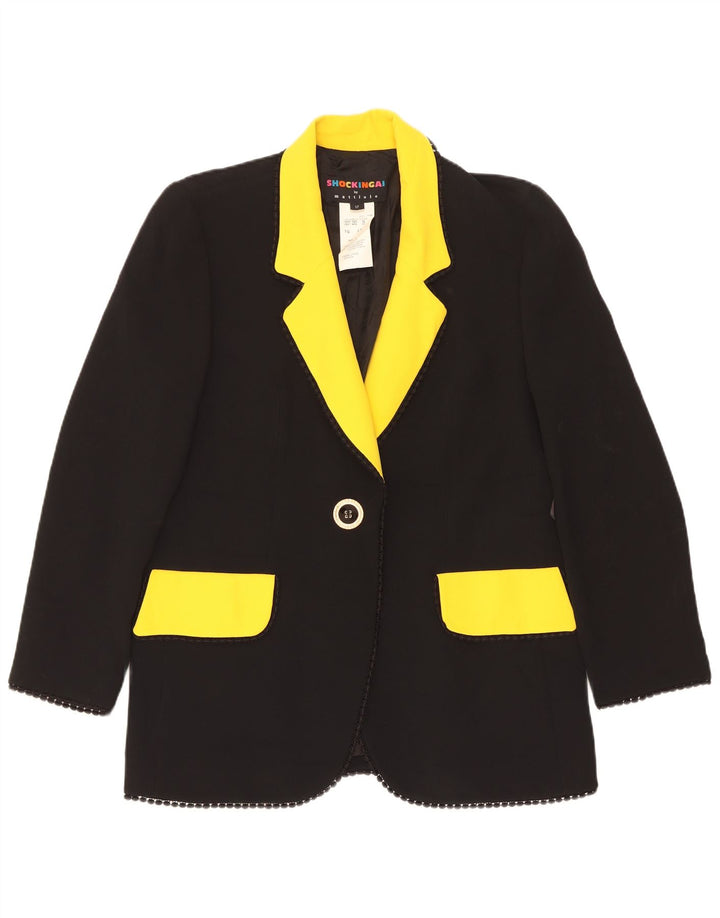 Vintage Womens 1 Button Blazer Jacket UK 14 Large Black Colourblock Acetate