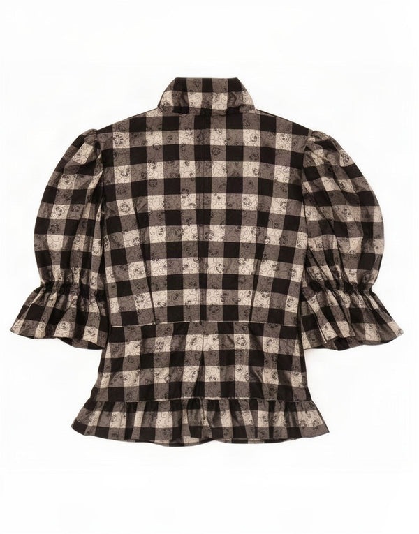 Vintage Womens 3/4 Sleeve Shirt Blouse UK 12 Medium Black Plaid